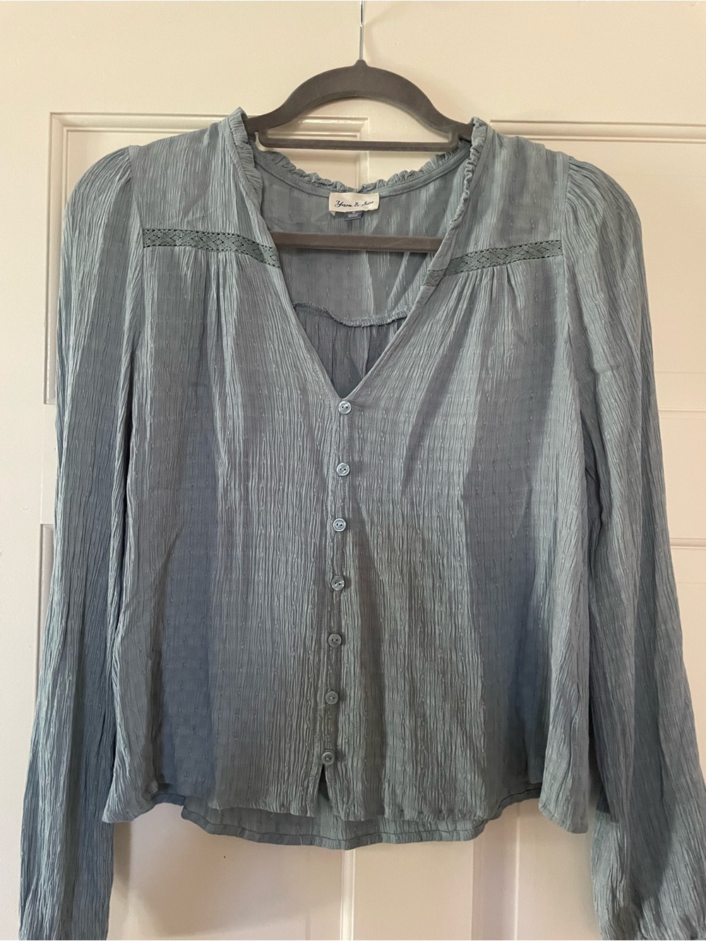 Blue Textured Button-Front Women's Top